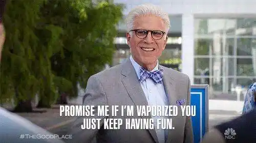 Quote from The Good Place: Promise me if I'm vaporized you just keep having fun.